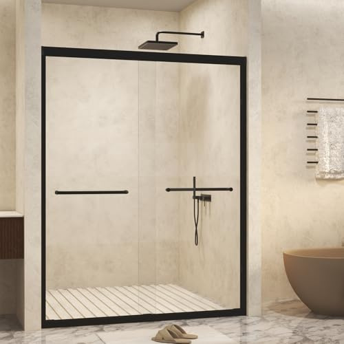56-60 W x 72 H Semi-Frameless Double Sliding Shower Door, Tempered Glass Adjustable Width, Explosion-Proof Film, Walk-in Shower Compatible, Matte Black