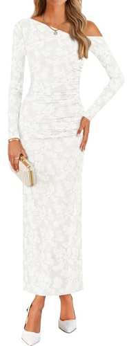 ZESICA Women's Spring Floral Off Shoulder Bodycon Maxi Dresses 2026 Long Sleeve Ruched Elegant Cocktail Party Dress,White,Large