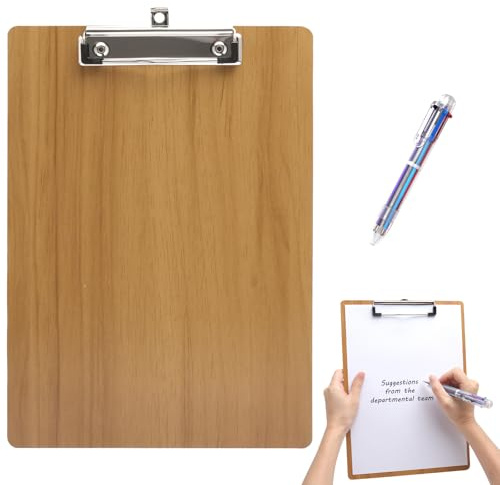 porte bloc a4 avec pince en bois avec stylo à bille 6 couleurs, Planchettes à pince et porte-formulaires, l'école les croquis les voyages listes de courses quotidiennes (Couleur bois de cerisier)