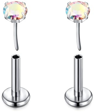 D.Bella 2Pcs G23 Titanium Labret Studs 16G Lip Stud Piercing Threadless Push in Lip Bar Nose Piercings Helix Tragus Conch Piercing Jewelry