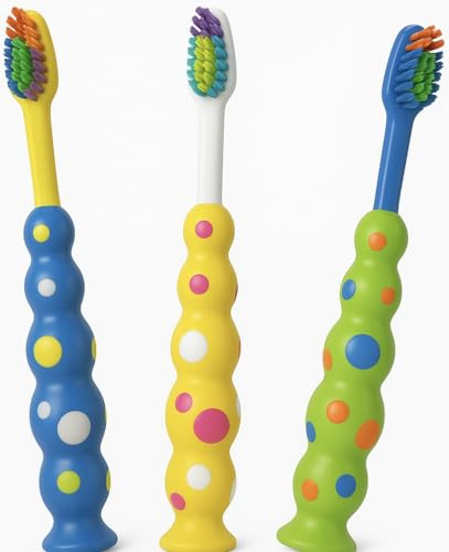 3 Pack Kids Toothbrush Set Medium Bristles Gentle On Gums | Easy Grip Handles for Confident Brushing | Bright Colours Encourage Healthy Habits | Strong Suction Base | Suitable for Children Aged 3+