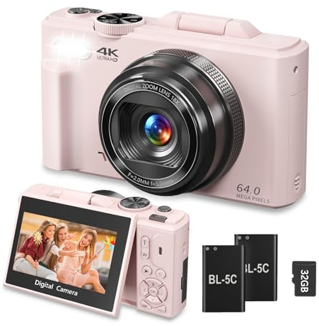 Cámara digital para fotografía, cámara de vlogging 4K de 64 MP para YouTube Zoom digital de 18X con WiFi pantalla abatible de 3 pulgadas y tarjeta TF de 32 GB, rosa