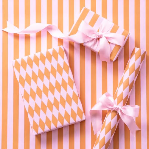 Ruspepa mini vändbar presentinslagningsrulle rosa orange ränder och diamantmotiv för födelsedagar baby shower bröllop påsk sommargåvor helgdagar 43,2 cm x 5 m