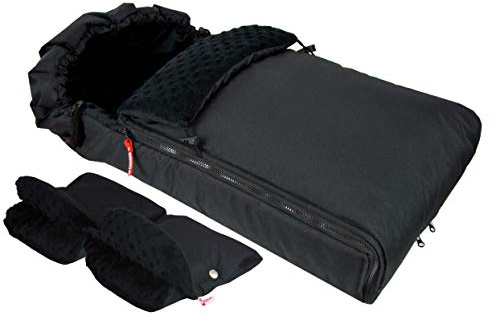 BABYLUX Fußsack 90cm MINKY Kinderwagen Buggy Babyschale Thermo +/ Muff Handmuff (Schwarz + Schwarz mit Handmuff)