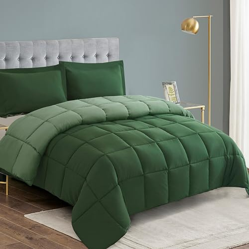 HIG 3 Pieces Green Reversible Coverless Duvet Double - 200 x 200cm - OEKO-TEX Certified - 10.5 Tog Duvet with Corner Tabs - Down Alternative Comforter with 2 Shams - Machine Washable