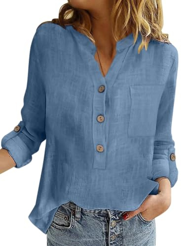 Onsoyours Chemisier Femme Manches Longues Décontracté Chic Vintage Coton et Lin Baggy Tops Casual Oversize Manche Longue Col en V Chemisie Bleu M