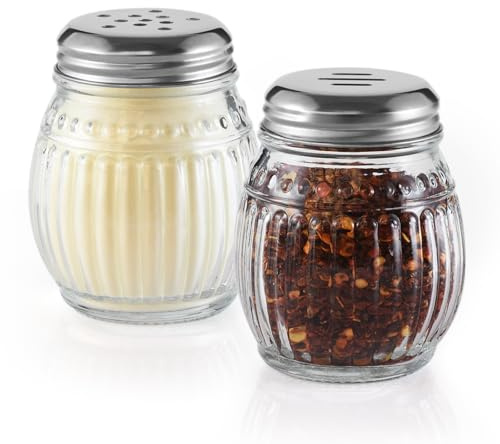 Wongblee Cheese and Pepper Shakers Set of 2, 6oz Glass Spice Shakers with Perforated and Slotted Top (Clear)