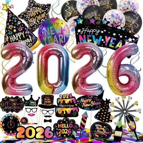Syoulin-Decoracion Nochevieja 2025, Decoracion Fin de Año 2025,Decoración de fiesta de Nochevieja, Banderinas Feliz Año Happy New Year, Accesorios de Fotomaton para Fiesta de Víspera de Año