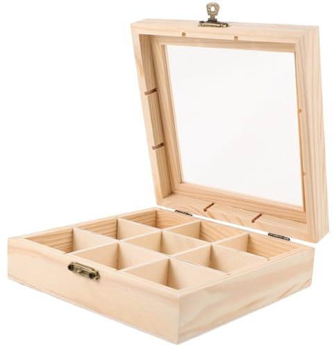 Luxshiny Wooden Tea Bag Organizer Box with 9 Compartments and Transparent Lid - Multi-Purpose Tea Storage Box for Bags Coffee Snacks and Small Items 5.7In X 5.7In X 2In