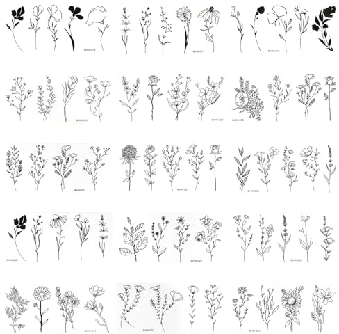 Boho Flower Temporary Tattoos, 60 Pcs Black Floral Tattoo Stickers | Water-resistant & semi-permanent , lasts days. Ideal for festivals, holidays, parties. Easy to apply, skin-safe