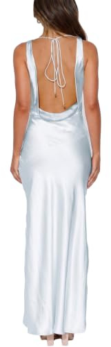 Robe Maxi en Satin à col bénitier sans Manches, Dos Nu, pour invitées de Mariage, Robe en Soie Dos Nu à Nouer dans Le Dos, Robes Formelles pour Femmes., Bleu Ciel, Taille XS