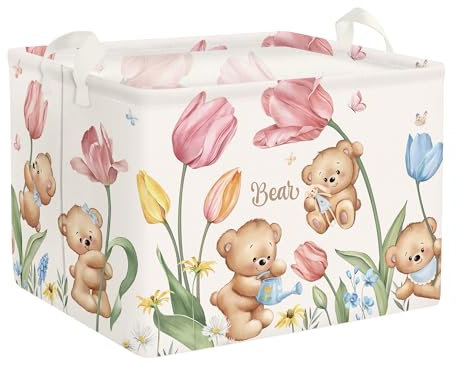 Clastyle 36L Rosa Tulpe Bär Kinder Aufbewahrungskorb mit Henkel Rechteckig Spielzeug Kleidung Aufbewahrungsbox für Kinderzimmer Bad