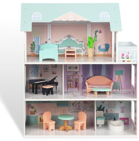 WOODENFUN Puppenhaus Möbelset Dekorieren Sie EIN Spielzeughaus aus Holz 12 Stück Puppenhaus Möbel Holz Set 3-stöckiges Miniatur Haus für Kinder Traumhaus Puppenvilla