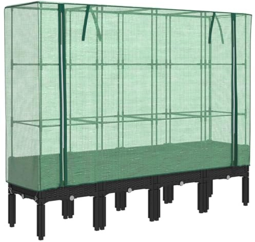 vidaXL Hochbeet mit Gewächshaus-Aufsatz, Pflanzbeet mit Eisenrohr-Rahmen, Gemüsebeet für Garten Terrasse Balkon, Pflanzkasten Frühbeet, Rattan-Optik
