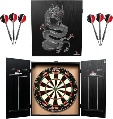Ruthless Home Darts Centre | Centro completo de tablero de dardos para el hogar, incluye gabinete, diana y 2 juegos de dardos (dragón)