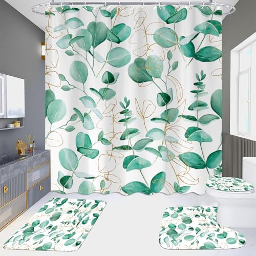 Duschvorhang Goldene Grüne Pflanzen Badezimmermatte Verdickung Bad Teppiche Set, Duschvorhang Stoff+Bath Mat rutschfeste(50x80cm)+U-Typ Fußmatte Wasseraufnahme+Toilette Badmatte