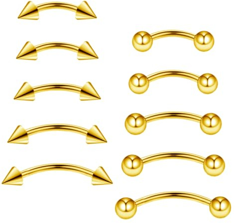 Gojewen 10pcs Curved Barbells Gold for Eyebrow Lip Daith Rook Helix Septum Bridge Belly Bar Piercing 16G Stainless Steel 6-14mm