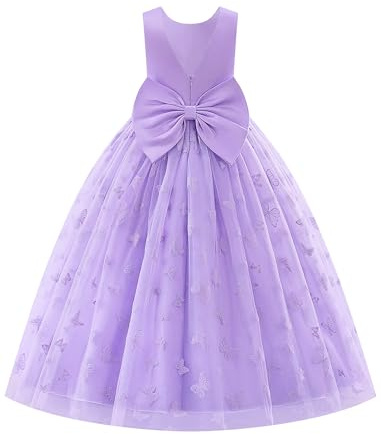 EFOGEP Flower Girls Dress for Wedding Elegant V-Back Bowknot Stain Tulle Princess Maxi Dresses Kids Bridesmaid Birthday Pageant First Communion Party Ball Gowns Purple 11-13Y