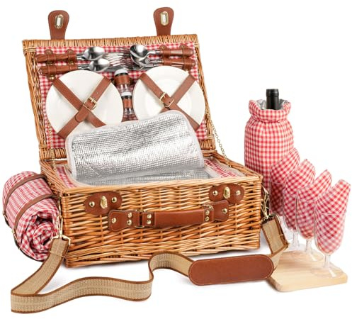 DHAEE Panier de pique-nique en osier pour 4 personnes avec compartiment isotherme et couverture de pique-nique imperméable, sangle amovible, sac à vin, ensemble de couverts, pour camping, voyage