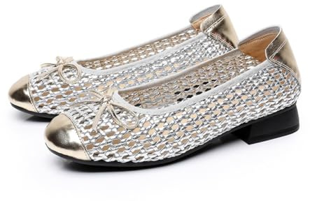 Women's Fashionable Solid Color Hollow Out Design Mary Jane Bows Shoes, Flats Sandals, Casual Comfy Ballerina Summer, Lightweight Breathable for Girl, Ballet Mesh Barefoot Sneakerina Plus Size Office (silver,5)