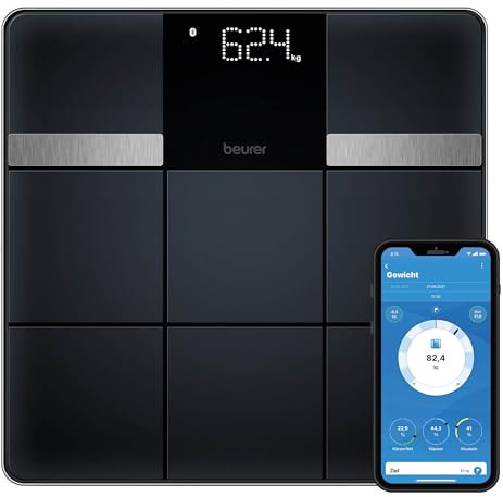 Beurer BF 450 Personenwaage mit App-Anbindung via Bluetooth, Körperfettwaage digital mit 17 Messwerten inkl. Körperfett, Muskelmasse, BMI, mattierte Fliesenstruktur, 8 Benutzerspeicher, 180 kg