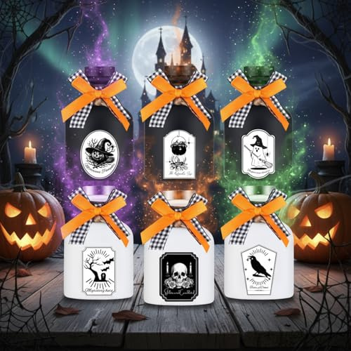 Acellegic 6 Pcs Potion Bottles Halloween Decoration Ceramic Apothecary Bottles Potion Jars with 6 Styles Scary Stickers Halloween Decorations for Tiered Tray Home Table Party Decoration
