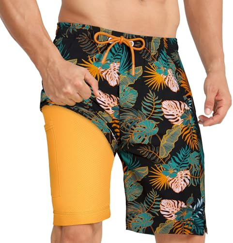 APTRO Swimming Shorts Men Swim Trunks with Compression Liner 2 in 1 Quick Dry Beach Summer 9'' Board Shorts with Zipper Pockets