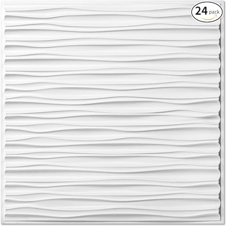 Art3dwallpanels Ceiling Tiles 24 x 24 for Interior Wall Décor, 24 Pack Drop Ceiling Tile 3D Wall Panel Fire Rated Waterproof Premium PVC, No Sag and Breakage Wall Panels Cover 96.Sq.Ft. White