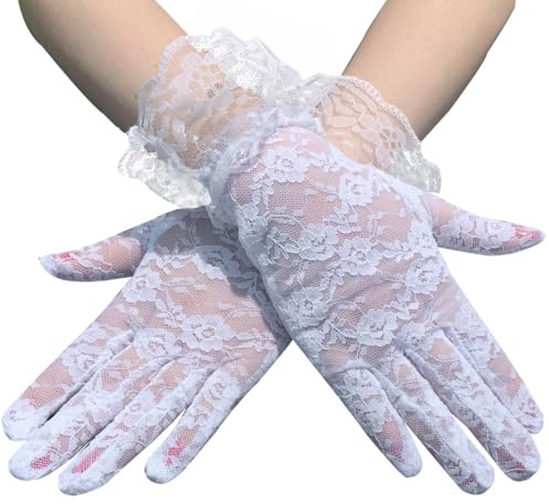 LONZIKP Gants en Dentelle, Gants de Mariage, élégants Gants Courts, Gants de Costume, Gants d'halloween, Gants de mariée (Blanc)