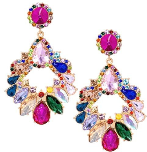 Nydotd Mardi Gras Earrings for Women, Rhinestone Teardrop Dangle Earrings Purple Green Gold Large Crystal Drop Earrings Fashion Carnival Parade Party Jewelry Gifts Bridal Wedding Prom (Colorful A)