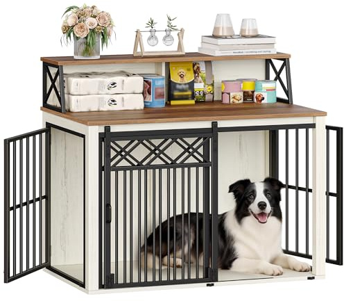 Hzuaneri 100 cm Cage pour Chien Meuble, Cage à Trois Portes avec étagère de Rangement, Cages d'intérieur Convient aux Chiens de Taille Moyenne à Grande, 100 x 60 x 86 cm, Blanc et Marron DFC87414B