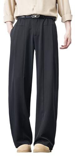 Generisch Pantaloni in tessuto da uomo Baggy, eleganti, a gamba larga, morbidi, da lavoro, casual, per il tempo libero, classici, tinta unita, con pieghe, vestibilità regolare, O nero., L