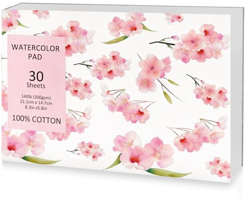 Bitone Bloc de papel de acuarela de 300 g/m², cuaderno de bocetos de algodón A5, 30 hojas, prensa en frío, papel de acuarela para artistas, estudiantes, dibujo de pintura artística, bocetos de medios