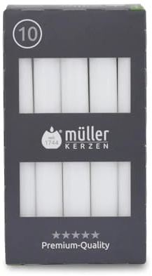 Müller Stearinljus – stavljus vitt – uppsättning med 10 bordsljus – 6 timmars brinntid – 20 × 175 mm – droppfattig, rökfri, doftfri – ljusstakar för ljushållare och bordsdekoration – RAL-certifierad