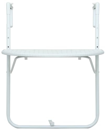 Tavolo da balcone sospeso bianco 60 x 64 x 83,5 cm in plastica effetto rattan, tavolino pieghevole con telaio in acciaio, altezza regolabile su 3 livelli per riporre comodamente