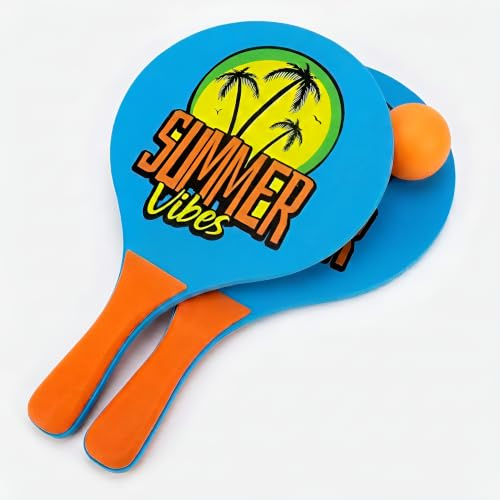 Set de Raquettes de Plage Beach Tennis avec Balle Souple, 2 Raquettes en Bois légères et résistantes, Jeu extérieur pour Plage, mer, Piscine, Jardin, Vacances et Loisirs en Famille