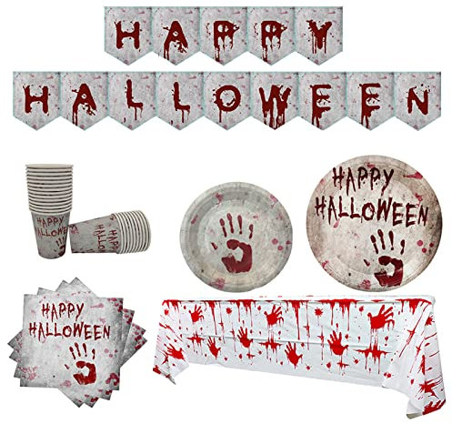Halloween Party Tableware Set 16 Guests,Halloween Disposable Dinnerware Set Tableware Decor - Plastic Tablecloth,Banner,Paper Plates Napkins and Cups for Halloween Party Supplies Tableware Decorations