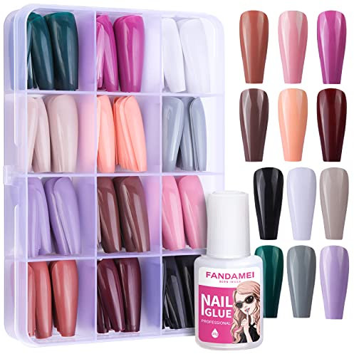 FANDAMEI 12 Farben 288 Stk. Glatte Künstliche Nägel zum Aufkleben Lange Ballerina, Coffin Falsche Nägel, Acryl Nagelspitze, Lange Künstliche Fingernagel Ballerina