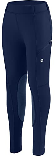 SANTINY Girls Horse Riding Pants with Zipper Pockets Kids Stretchy Equestrian Breeches Knee-Patch Youth Schooling Tights (Navy_L)
