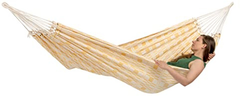 AMAZONAS XXL Hängematte Carioca Gold Jacquard Liegefläche 250 x 175 cm für 2 Personen bis 200 kg in Natura-hellgelb aus recycelte Baumwolle weich sehr stabil edler Look handgewebt (Gold)