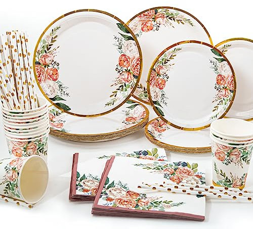 Yidaxing 125 Pcs Vajilla de Cumpleaños con Flores de Oro Rosa, Platos de Fiesta Desechable Flores Hawaianas, Tazas Pajitas Servilletas para Fiestas Aniversario Bodas Navidad(Sirve 25)