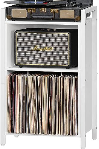 YAHARBO Skivspelarstativ, 3-hyllors vinylskivhållare med förvaring, vitt skivstativ, vintage skivspelare stativ rymmer upp till 100 album, skivbord med handtag för vardagsrum, sovrum