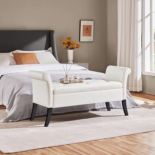 Yaheetech Ottoman with Storage, 52 Storage Ottoman Bench with Safety Hinge, Upholstered Bench with Seating for Bedroom, Living Room, Holds up to 661 lb, White