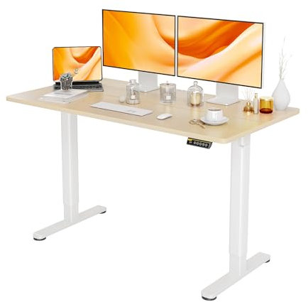 Claiks Schreibtisch Höhenverstellbar Elektrisch, Höhenverstellbarer Schreibtisch 140x60 cm, Standing Height Adjustable Desk, Weiß Gestell/Ahorn Oberfläche