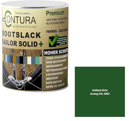 Contura Bootslack Farbig GLÄNZEND Yacht- Buntlack Metall Holz GFK Holzlack Boot Farblos (Holland Grün - RAL 6002 Analog, 500ml.)