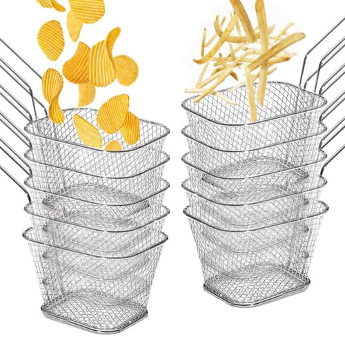 ADERTOS 10 PCS Chip Serving Frying Baskets Mini Chip Baskets with Handle, French Chips Deep Fry Basket Stainless Steel Chef Fry Basket Square Food Presentation for Onion Rings Chicken Wings