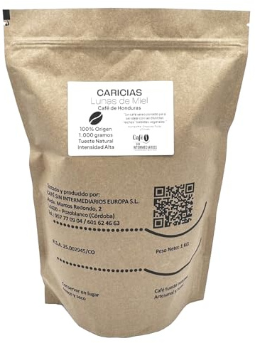 CAFE SIN INTERMEDIARIOS - Caricias Café Honduras En Grano sin moler - Tostado Semanal - Envasado al envío - Intensidad de sabor alta - Ideal para Café con Leche Vegetal