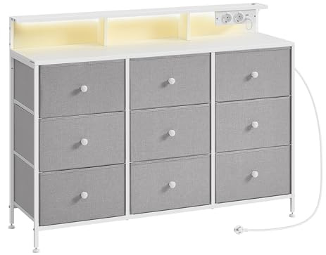 SONGMICS Kommode, Aufbewahrungsschrank mit 9 Schubladen und LED-Beleuchtung, Steckdosenleiste, Stahlrahmen, 33,5 x 114 x 84 cm, für Schlafzimmer, Wohnzimmer, Taubengrau LTS519G01