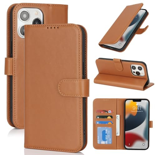 Zouzt Case for iPhone 13 Pro (6.1 Inch), Premium PU Leather Wallet Case with Credit Card Holder Slot Flip Folio Kickstand Shockproof Protective Phone Cover (Light Brown)