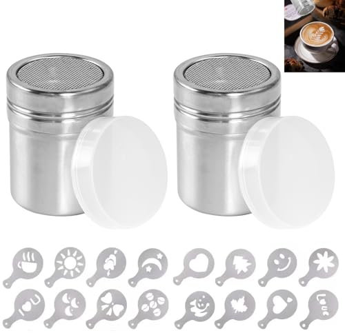 Kakaostreuer für Cappuccino Edelstahl Puderzuckerstreuer mit Deckel Feinmaschiger Mehlstreuer für Kaffee, Puderzucker, Kakaopulver, Schokolade, Salz 2 Stück, mit Kaffeeschablone 16 Stück